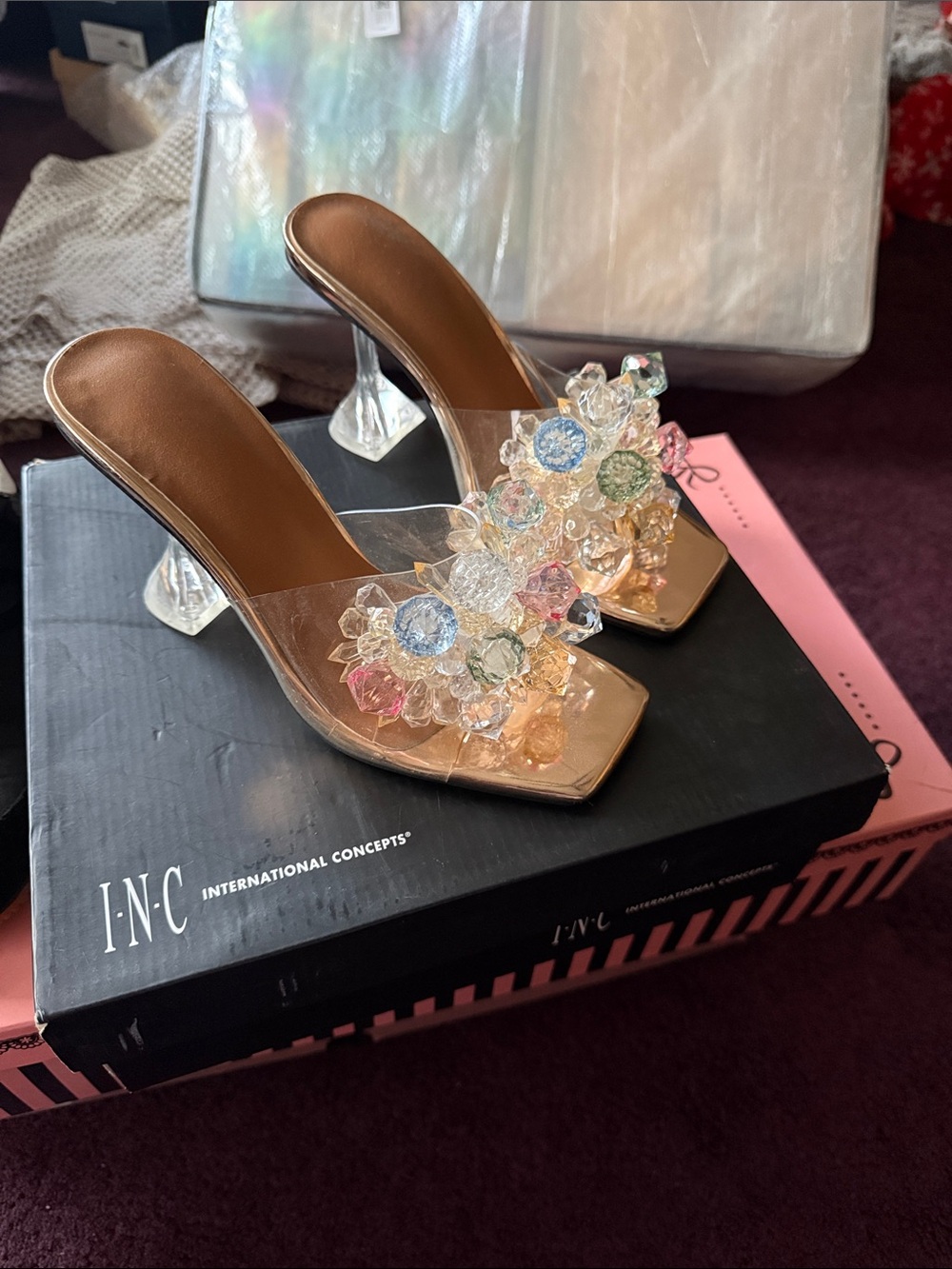 Clear Mule Heels with Multicolor Crystal Accents